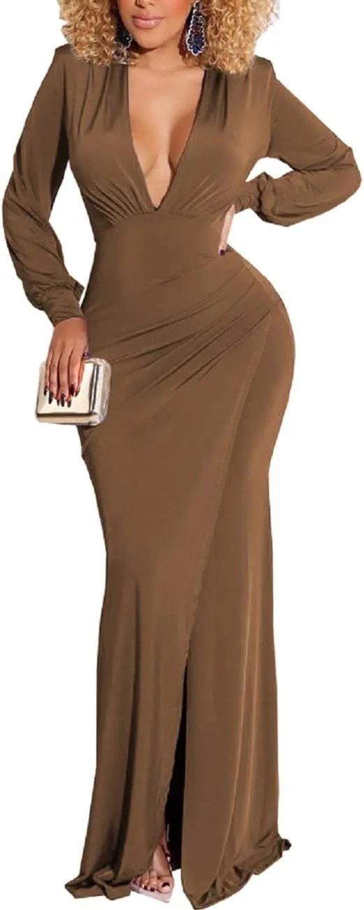 Glozeplus Evening Gowns for Women Formal Plus Size Long Sleeve Sexy Elegant V Neck Cocktail Party Long Floor Length Dresses