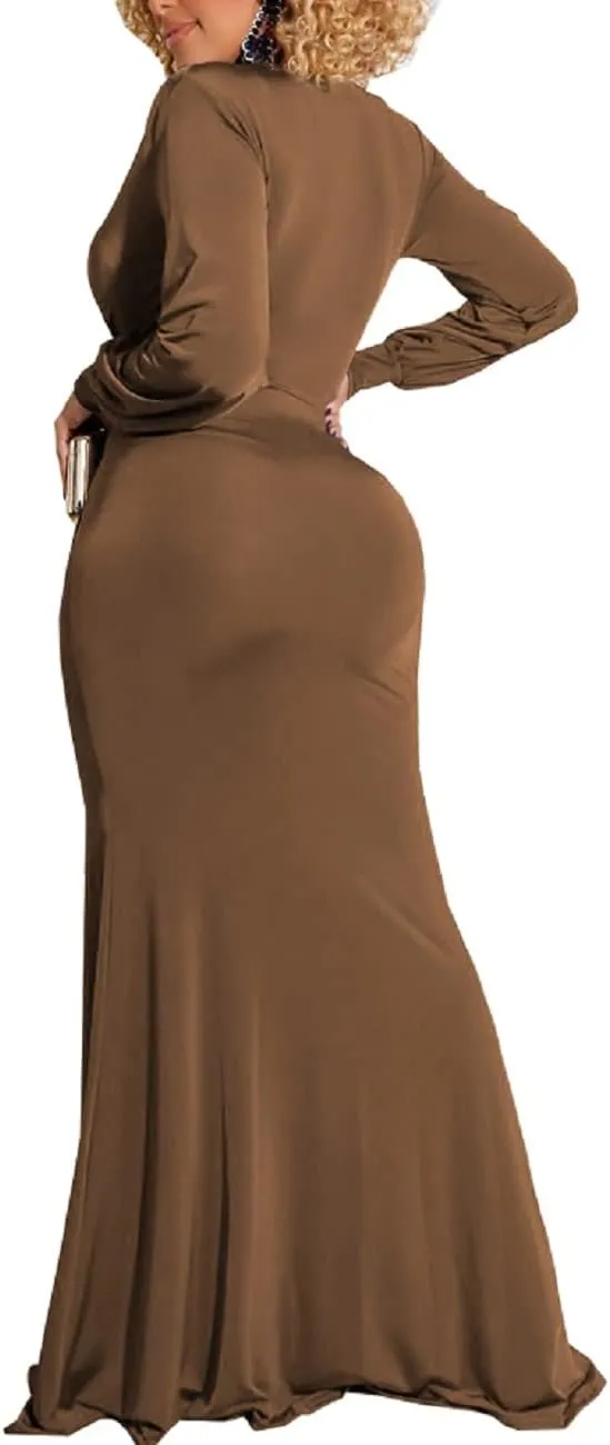 Glozeplus Evening Gowns for Women Formal Plus Size Long Sleeve Sexy Elegant V Neck Cocktail Party Long Floor Length Dresses