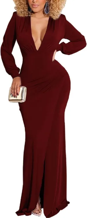 Glozeplus Evening Gowns for Women Formal Plus Size Long Sleeve Sexy Elegant V Neck Cocktail Party Long Floor Length Dresses