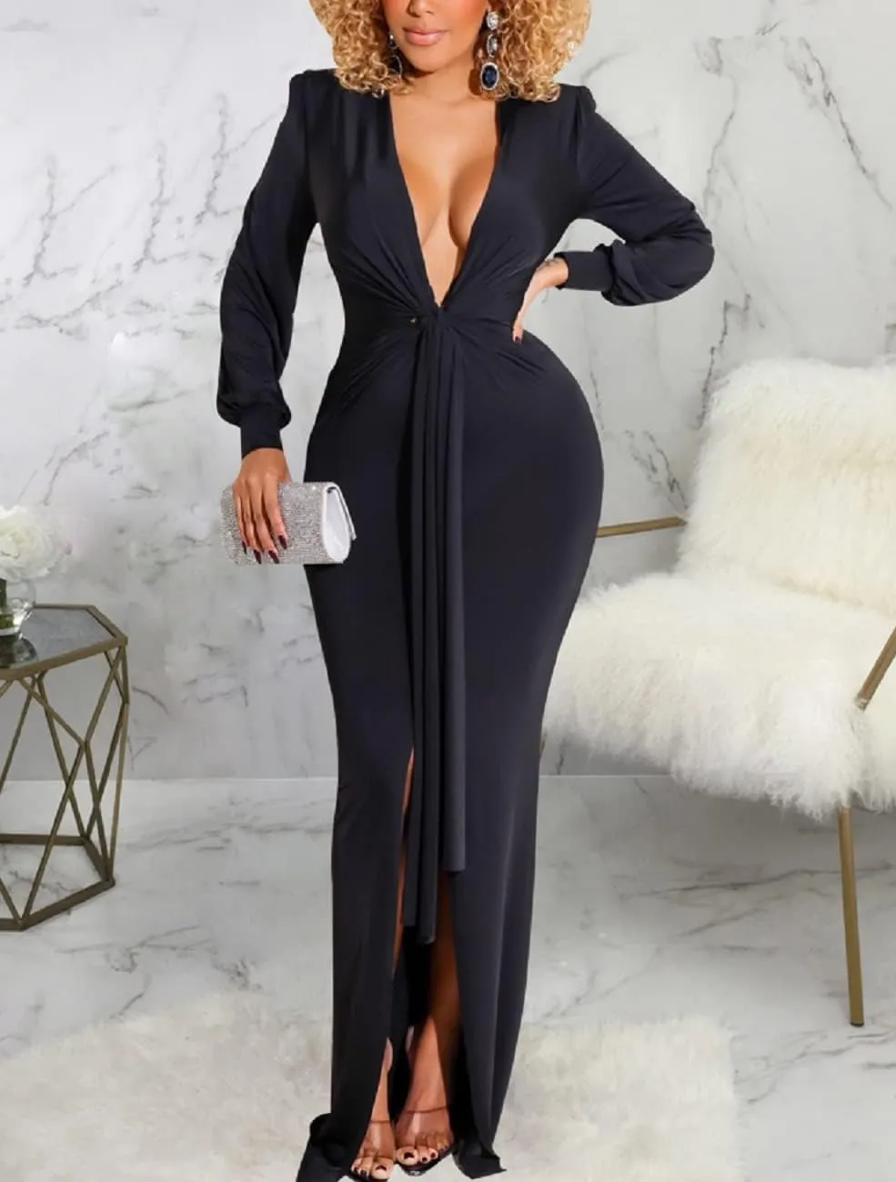 Glozeplus Evening Gowns for Women Formal Plus Size Long Sleeve Sexy Elegant V Neck Cocktail Party Long Floor Length Dresses