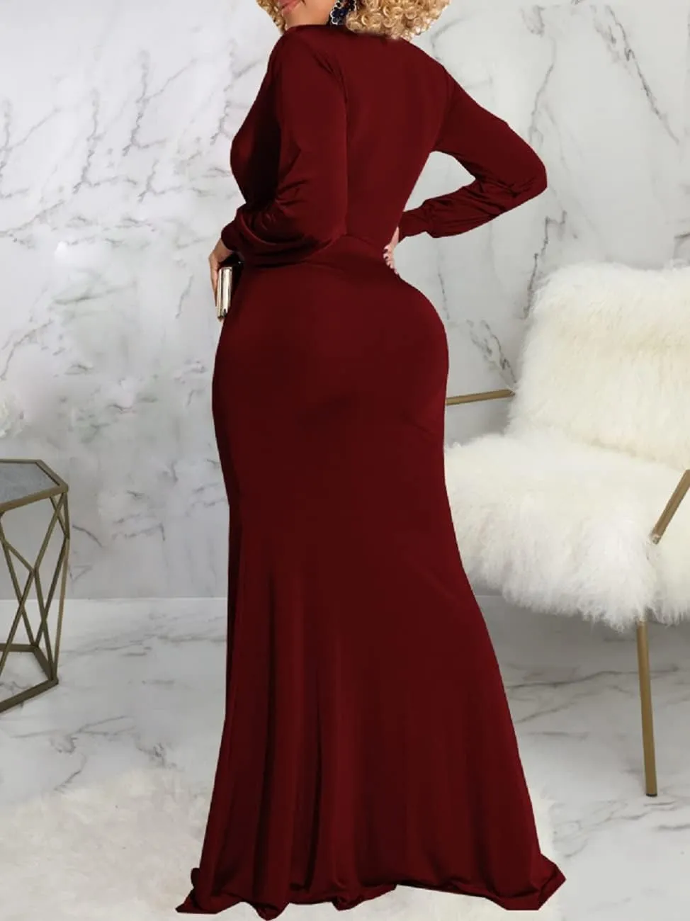 Glozeplus Evening Gowns for Women Formal Plus Size Long Sleeve Sexy Elegant V Neck Cocktail Party Long Floor Length Dresses