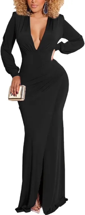 Glozeplus Evening Gowns for Women Formal Plus Size Long Sleeve Sexy Elegant V Neck Cocktail Party Long Floor Length Dresses