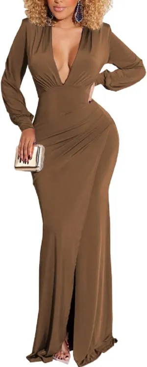 Glozeplus Evening Gowns for Women Formal Plus Size Long Sleeve Sexy Elegant V Neck Cocktail Party Long Floor Length Dresses