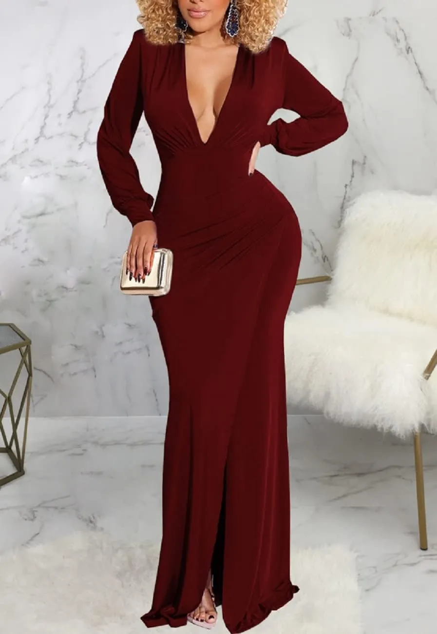 Glozeplus Evening Gowns for Women Formal Plus Size Long Sleeve Sexy Elegant V Neck Cocktail Party Long Floor Length Dresses