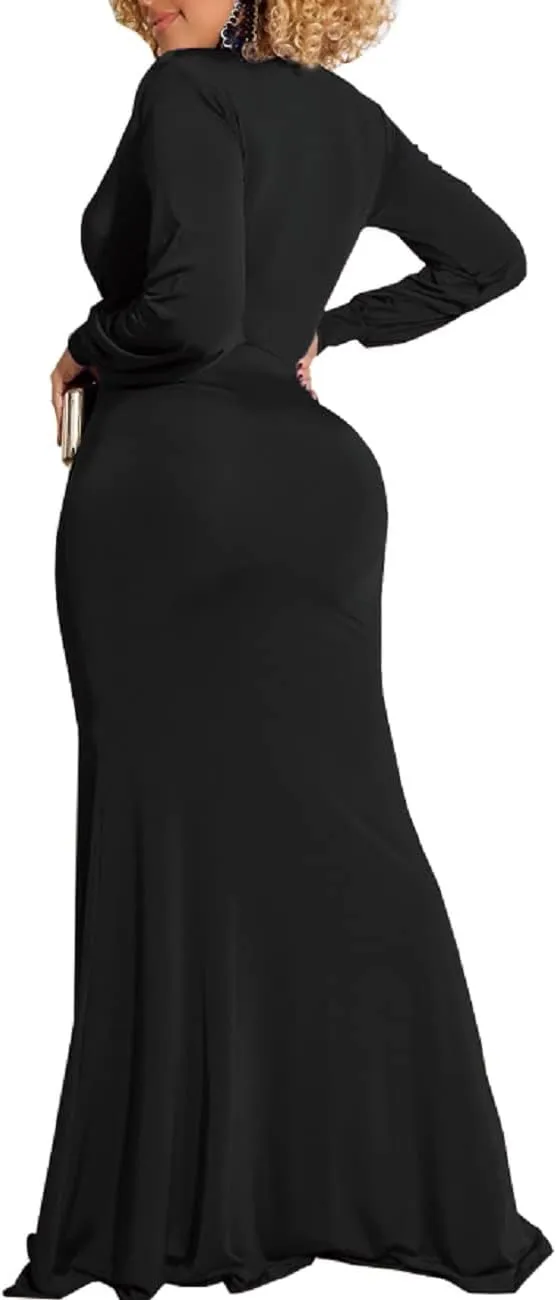 Glozeplus Evening Gowns for Women Formal Plus Size Long Sleeve Sexy Elegant V Neck Cocktail Party Long Floor Length Dresses
