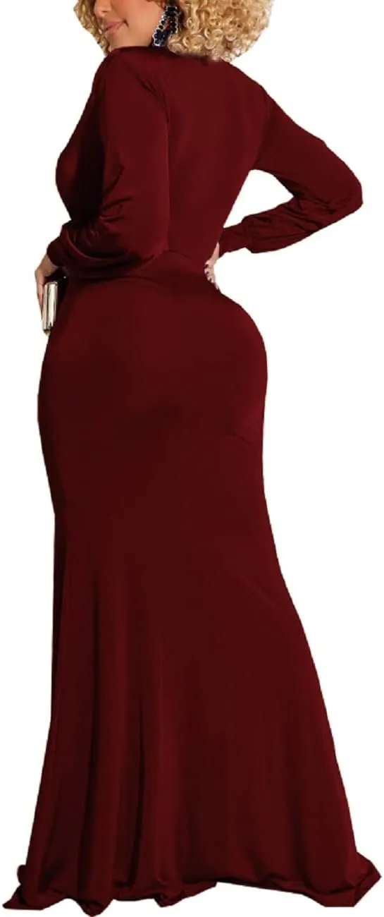 Glozeplus Evening Gowns for Women Formal Plus Size Long Sleeve Sexy Elegant V Neck Cocktail Party Long Floor Length Dresses