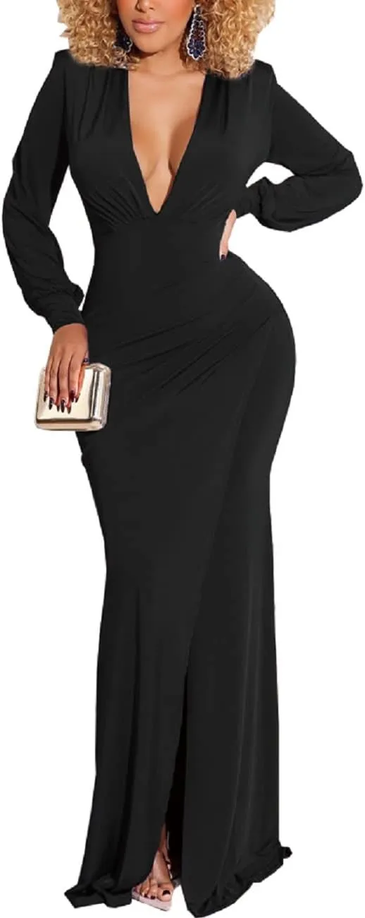 Glozeplus Evening Gowns for Women Formal Plus Size Long Sleeve Sexy Elegant V Neck Cocktail Party Long Floor Length Dresses