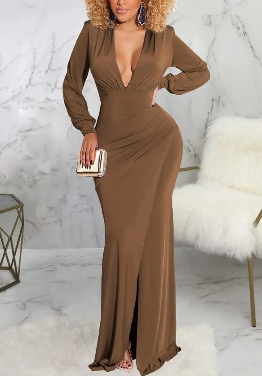 Glozeplus Evening Gowns for Women Formal Plus Size Long Sleeve Sexy Elegant V Neck Cocktail Party Long Floor Length Dresses