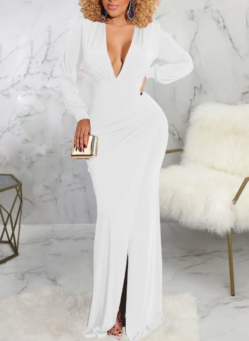 Glozeplus Evening Gowns for Women Formal Plus Size Long Sleeve Sexy Elegant V Neck Cocktail Party Long Floor Length Dresses