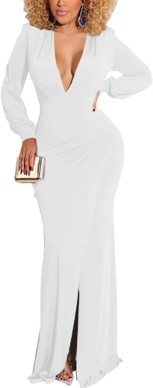 Glozeplus Evening Gowns for Women Formal Plus Size Long Sleeve Sexy Elegant V Neck Cocktail Party Long Floor Length Dresses
