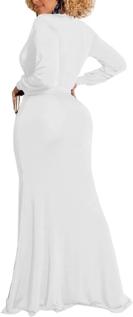 Glozeplus Evening Gowns for Women Formal Plus Size Long Sleeve Sexy Elegant V Neck Cocktail Party Long Floor Length Dresses