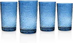 Godinger Highball Drinking Glasses, Tall Glass Cups Cocktail Glasses, Water Glasses, Romantic Design - Paisley Collection, Blue, Set of 4
