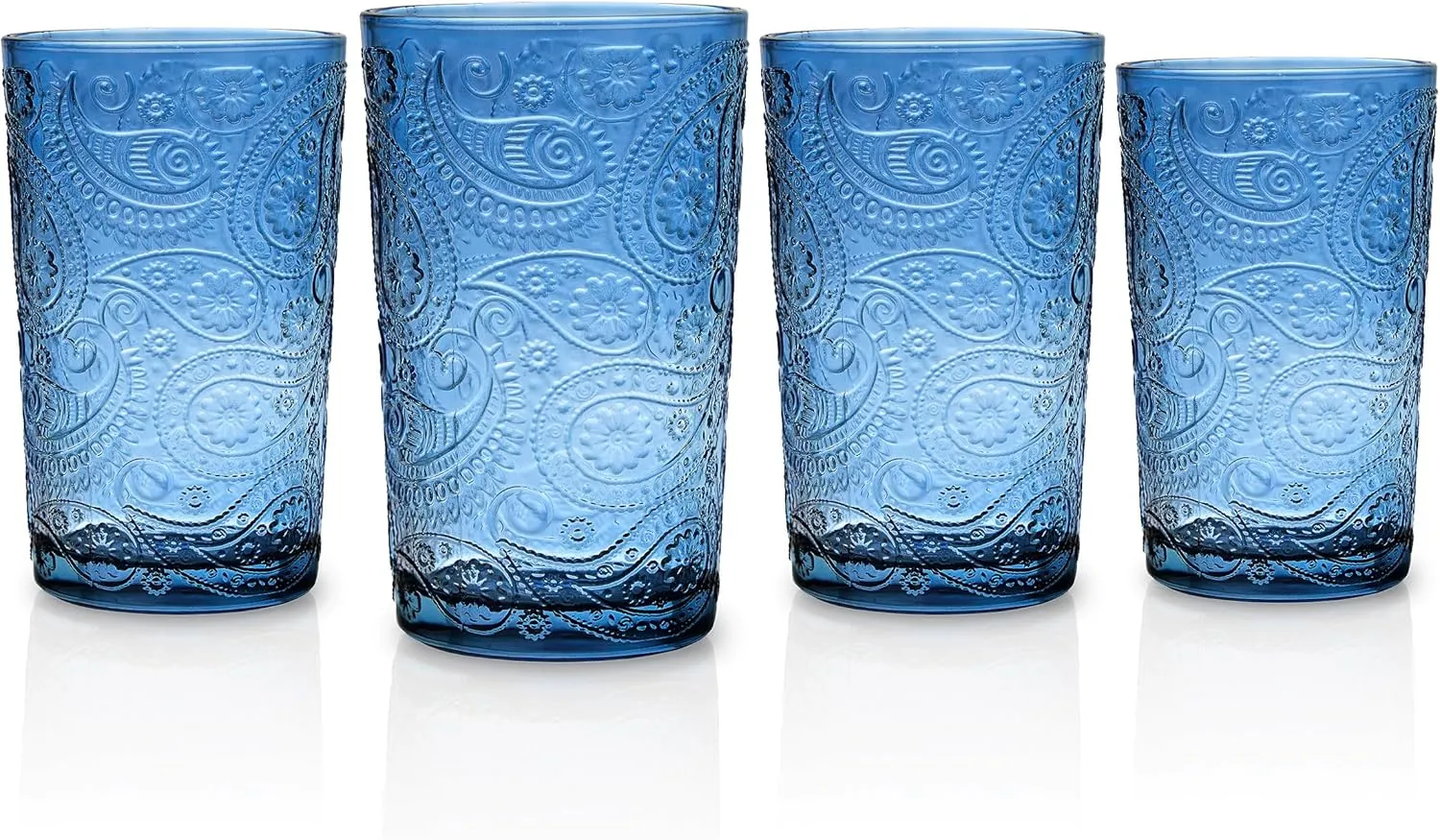 Godinger Highball Drinking Glasses, Tall Glass Cups Cocktail Glasses, Water Glasses, Romantic Design - Paisley Collection, Blue, Set of 4