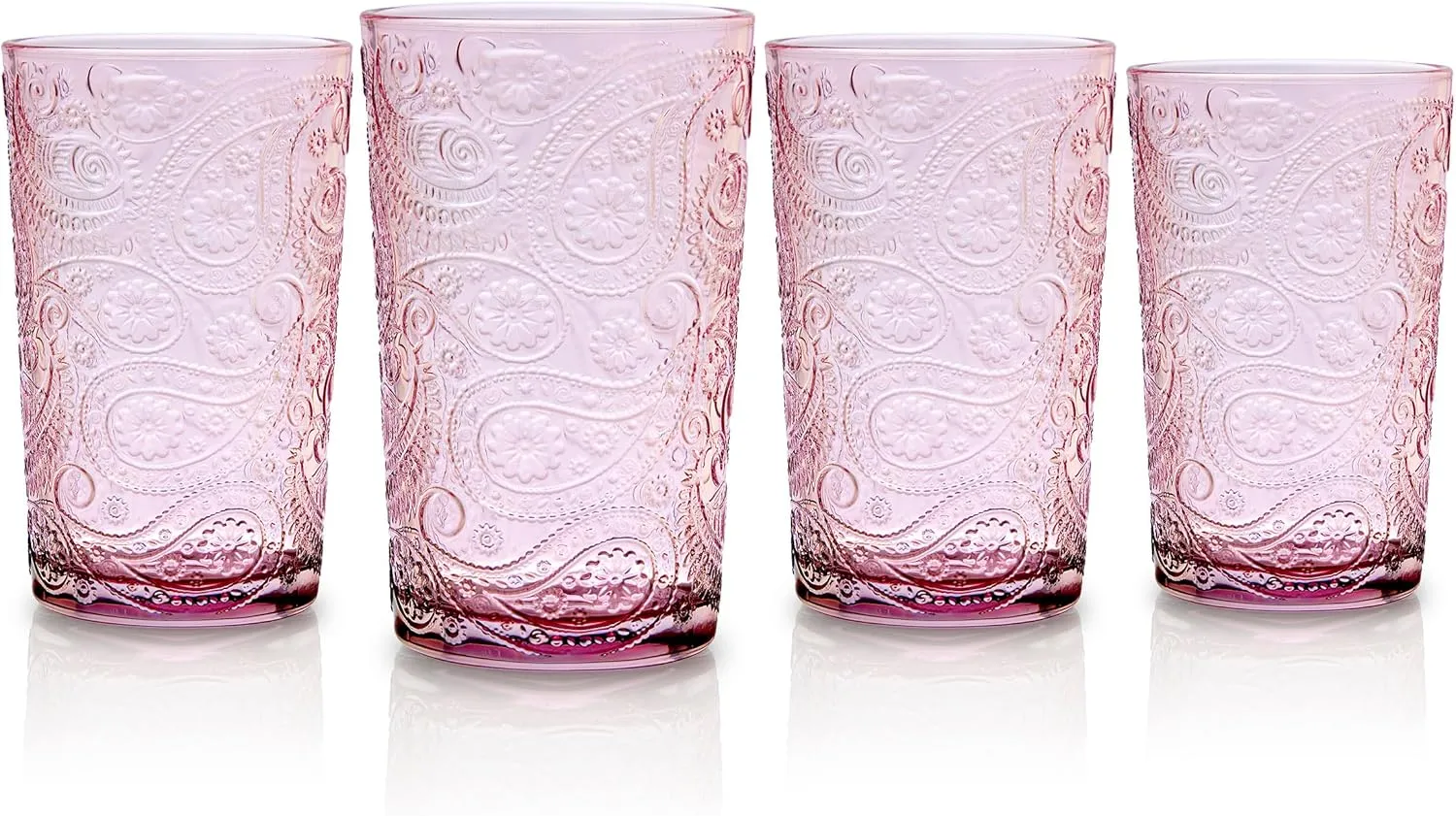 Godinger Highball Drinking Glasses, Tall Glass Cups Cocktail Glasses, Water Glasses, Romantic Design - Paisley Collection, Blush, Set of 4