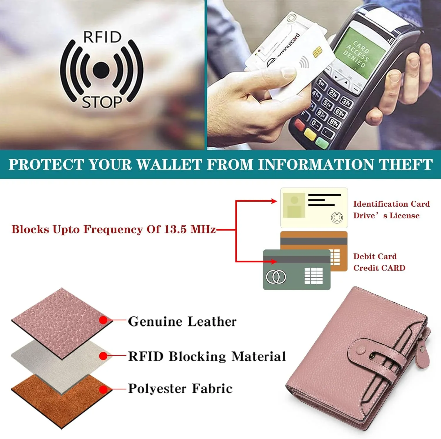 GOIACII Small Wallet Women Rfid Blocking Genuine Leather Compact Bifold Card Holder for Women with Zipper Coin Pocket 2 ID Windows