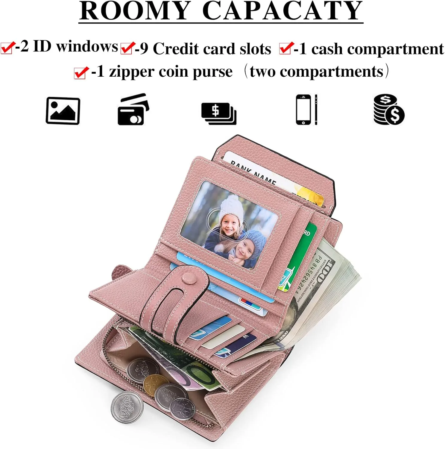 GOIACII Small Wallet Women Rfid Blocking Genuine Leather Compact Bifold Card Holder for Women with Zipper Coin Pocket 2 ID Windows