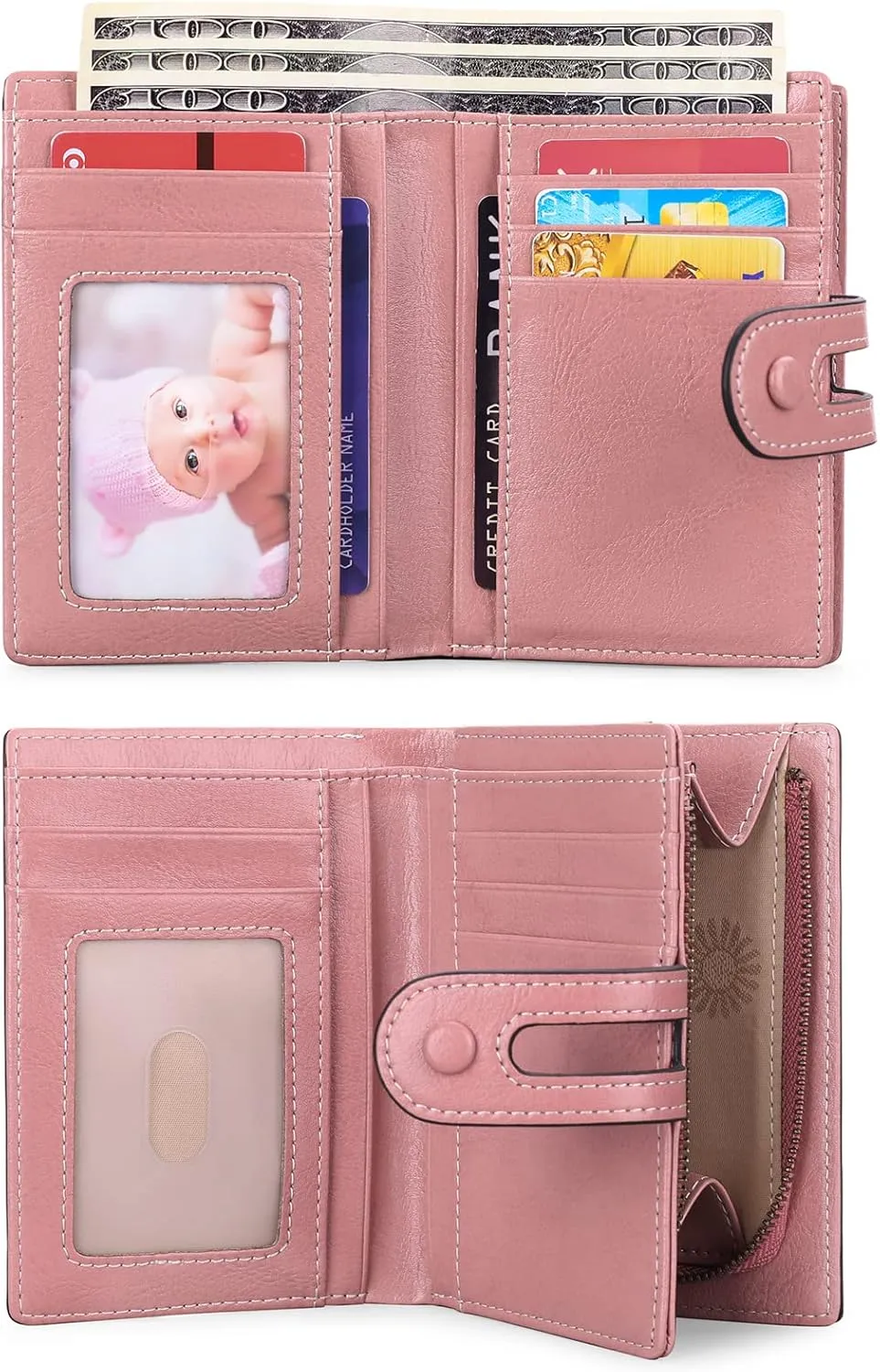 GOIACII Small Wallet Women Rfid Blocking Genuine Leather Compact Bifold Card Holder for Women with Zipper Coin Pocket 2 ID Windows