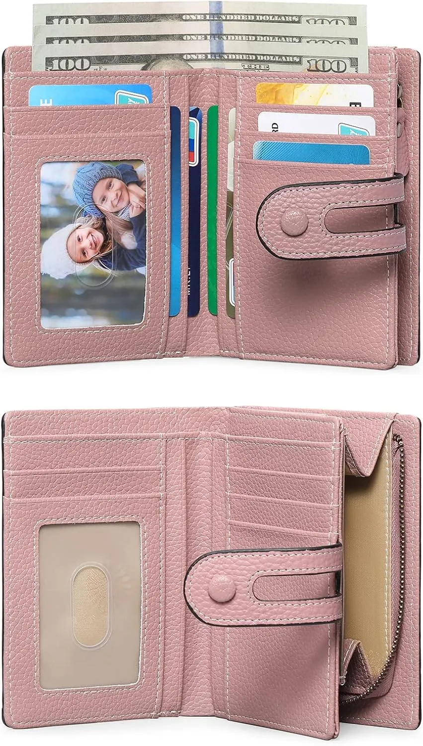GOIACII Small Wallet Women Rfid Blocking Genuine Leather Compact Bifold Card Holder for Women with Zipper Coin Pocket 2 ID Windows