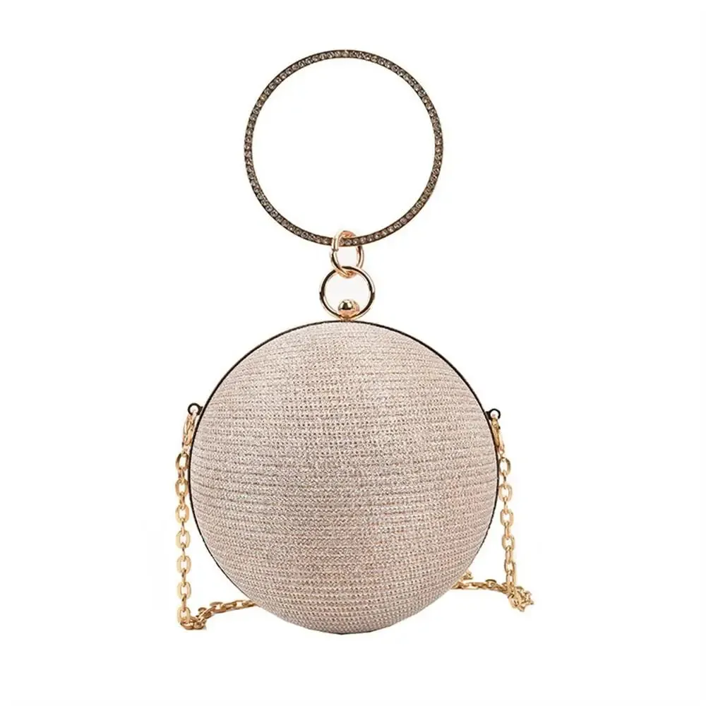 Gold Bright Silk Circular Evening Bag Women Banquet Clutch Rhinestone Decor Chain Shoulder Bags Luxury Female Party Handbags