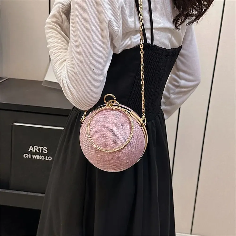 Gold Bright Silk Circular Evening Bag Women Banquet Clutch Rhinestone Decor Chain Shoulder Bags Luxury Female Party Handbags