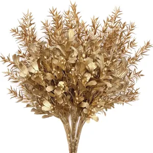 Gold Decorations Artificial Plants, CATTREE Golden Berry Leaves Fake Simulation Spiky Leaf Grass Plastic Faux Shrubs Bushes Ornaments Home Indoor Outdoor Wedding Decor Hall Table Planter Filler 4 Pack