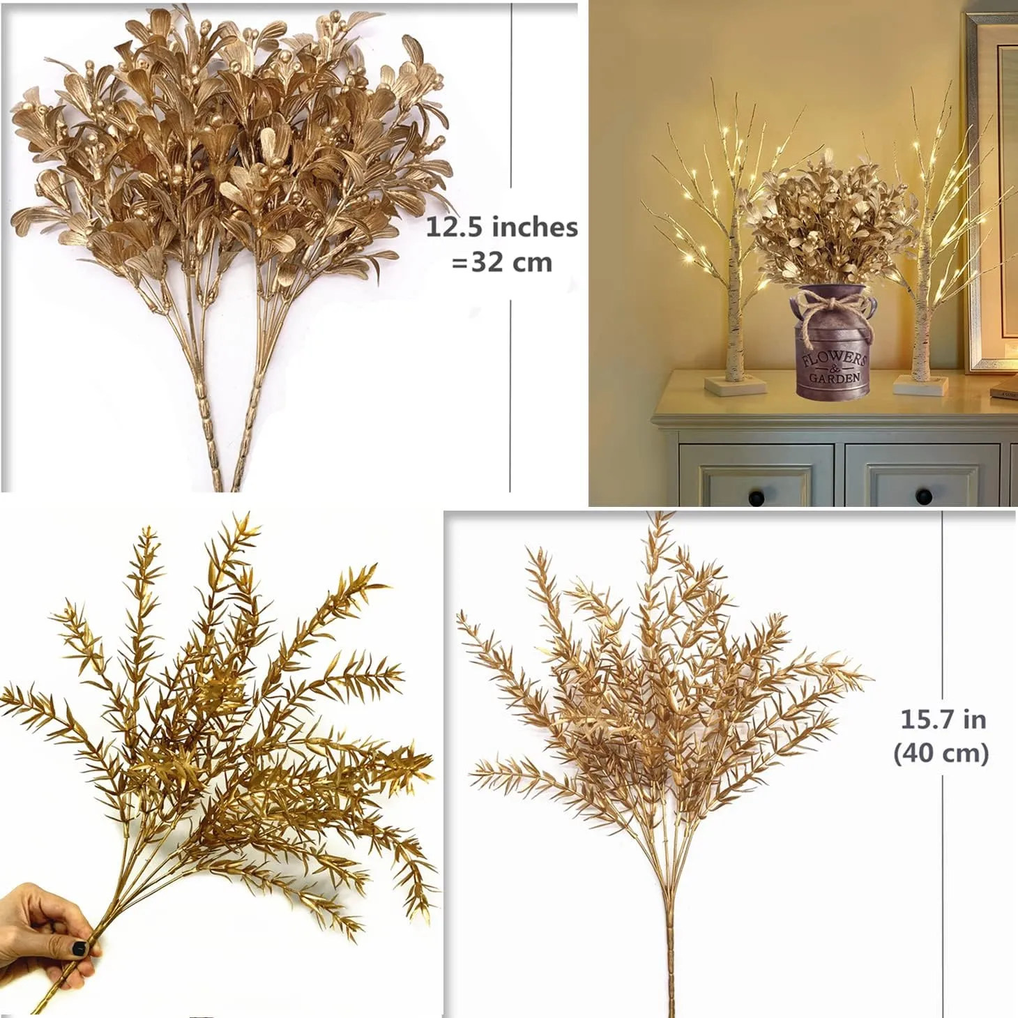 Gold Decorations Artificial Plants, CATTREE Golden Berry Leaves Fake Simulation Spiky Leaf Grass Plastic Faux Shrubs Bushes Ornaments Home Indoor Outdoor Wedding Decor Hall Table Planter Filler 4 Pack