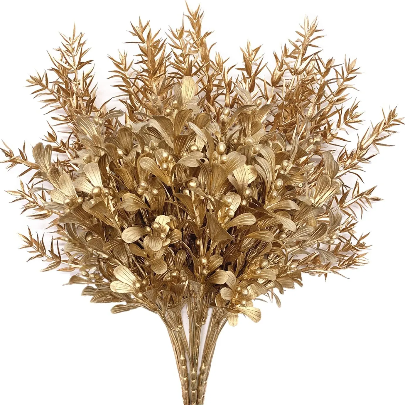 Gold Decorations Artificial Plants, CATTREE Golden Berry Leaves Fake Simulation Spiky Leaf Grass Plastic Faux Shrubs Bushes Ornaments Home Indoor Outdoor Wedding Decor Hall Table Planter Filler 4 Pack