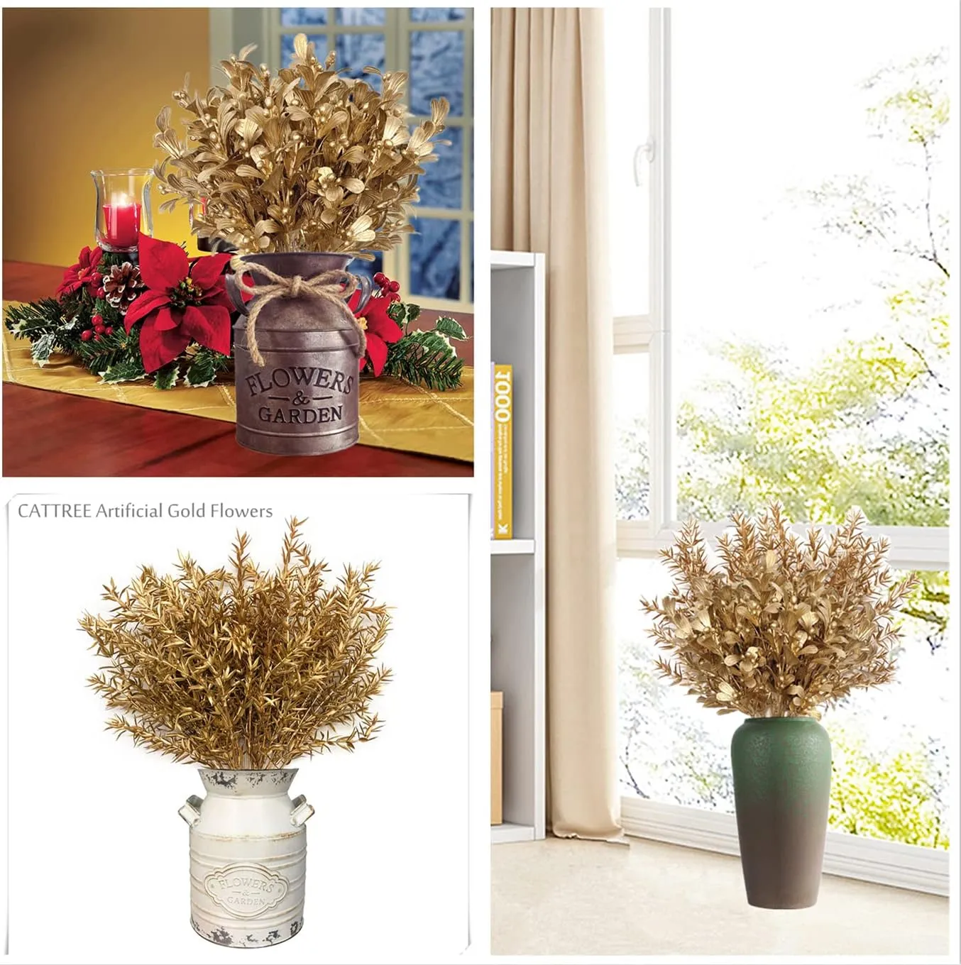 Gold Decorations Artificial Plants, CATTREE Golden Berry Leaves Fake Simulation Spiky Leaf Grass Plastic Faux Shrubs Bushes Ornaments Home Indoor Outdoor Wedding Decor Hall Table Planter Filler 4 Pack