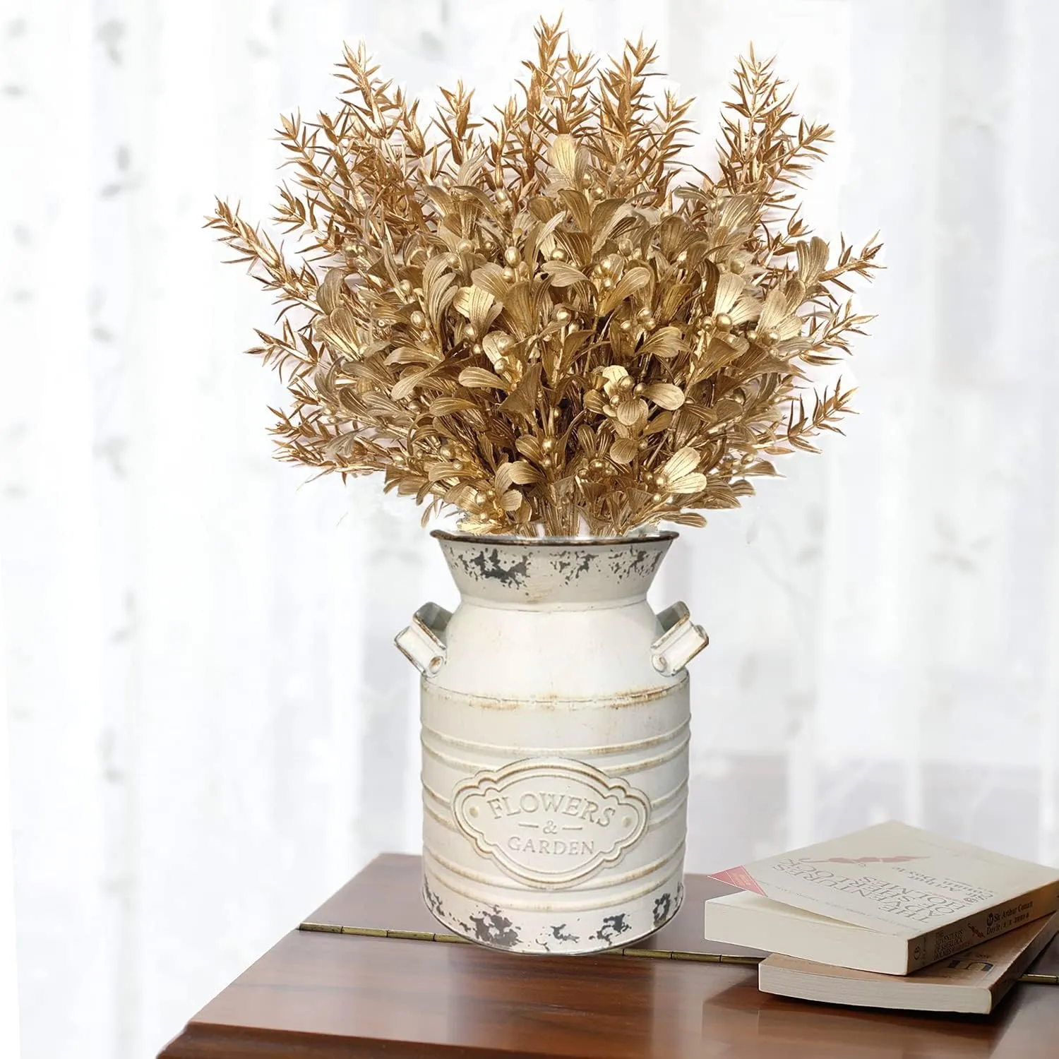 Gold Decorations Artificial Plants, CATTREE Golden Berry Leaves Fake Simulation Spiky Leaf Grass Plastic Faux Shrubs Bushes Ornaments Home Indoor Outdoor Wedding Decor Hall Table Planter Filler 4 Pack