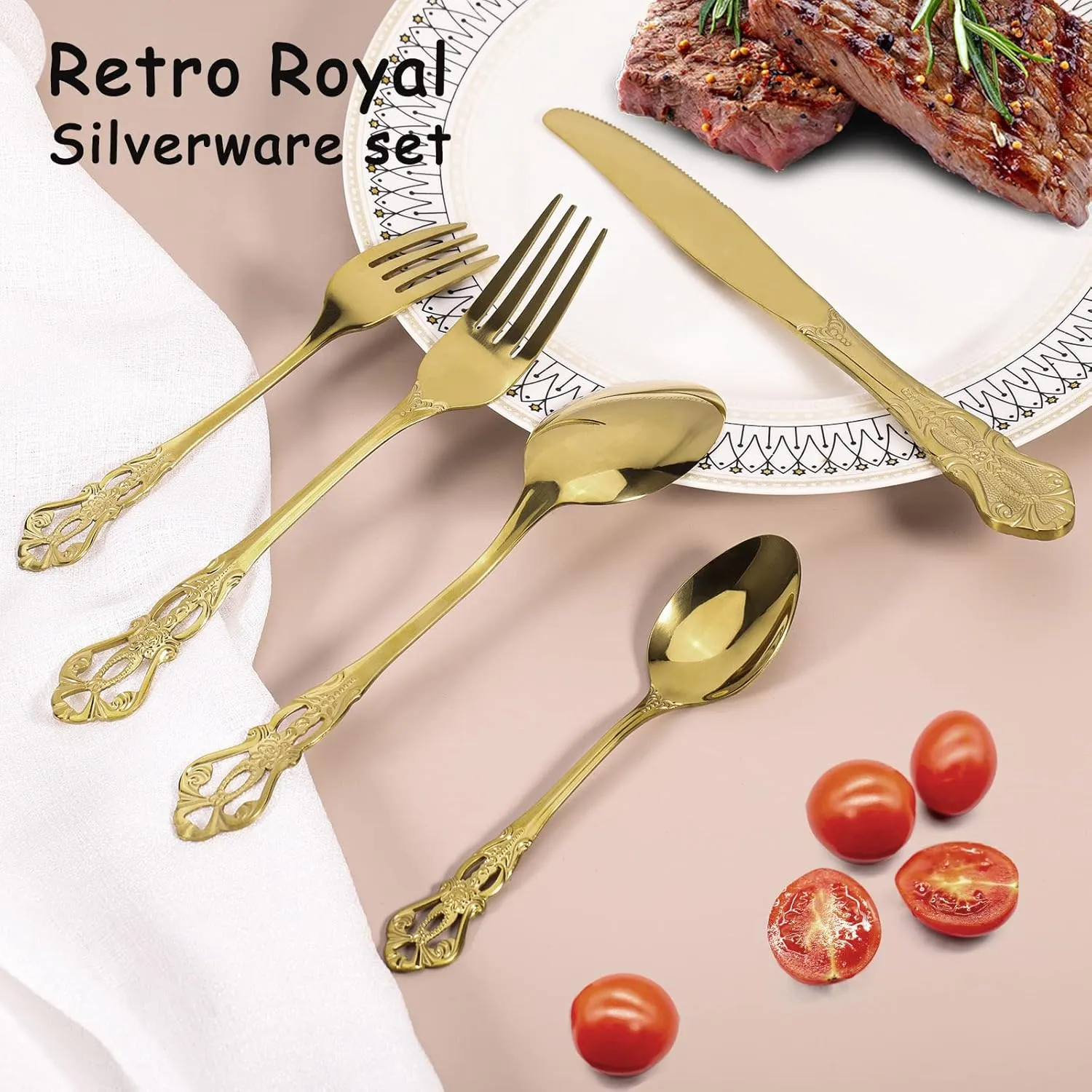 Gold Silverware Set for 8, Stainless Steel Gorgeous Retro Royal Flatware, 40-Pieces Cutlery Tableware, Kitchen Utensils Include Spoons and Forks, Mirror Finish, Dishwasher Safe