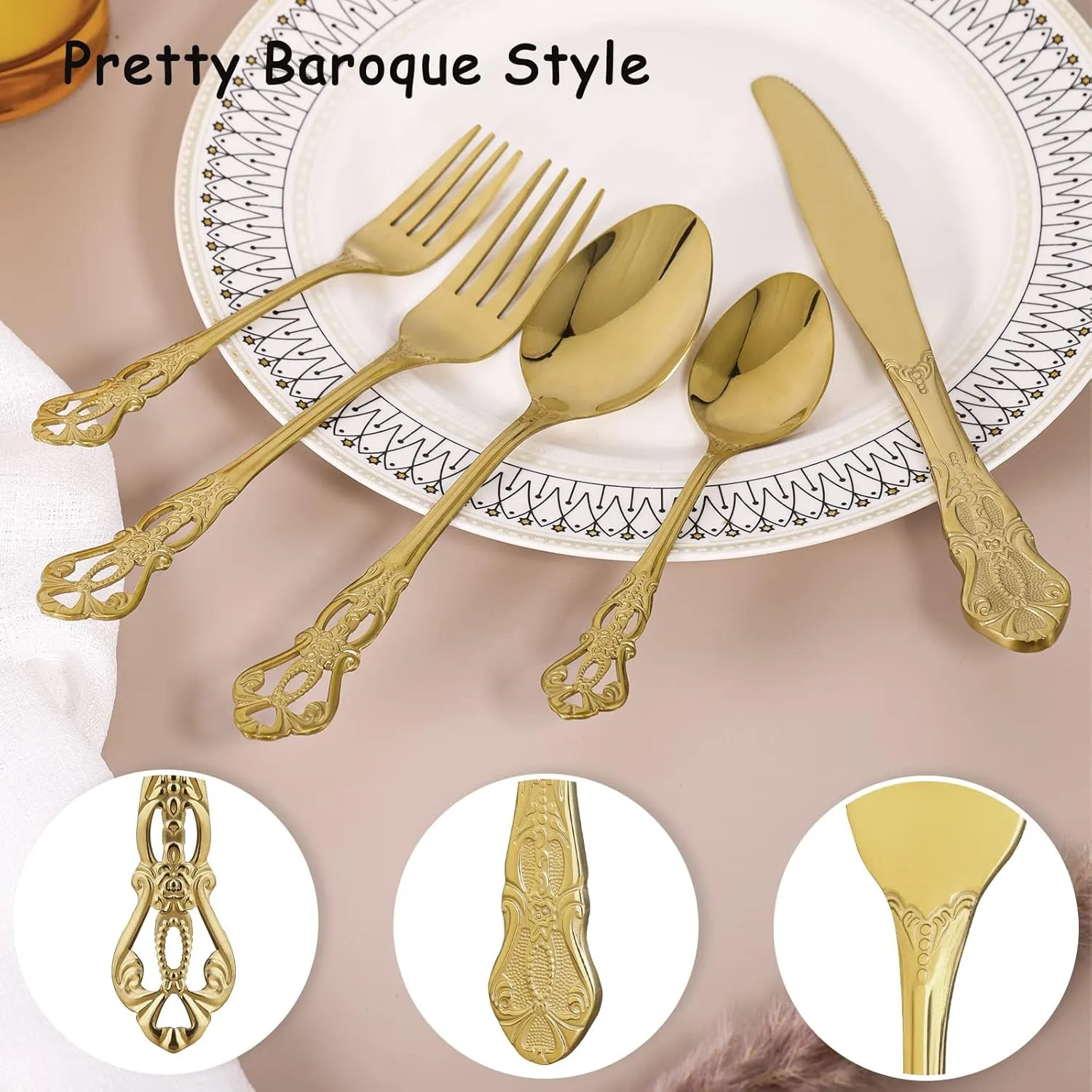 Gold Silverware Set for 8, Stainless Steel Gorgeous Retro Royal Flatware, 40-Pieces Cutlery Tableware, Kitchen Utensils Include Spoons and Forks, Mirror Finish, Dishwasher Safe