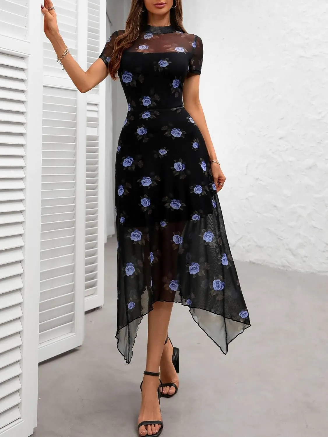 GothDark Women's 2025 Summer Floral Print Vintage Goth Dress Mesh Spliced Double-Layered Irregular Hemline Midi Dress