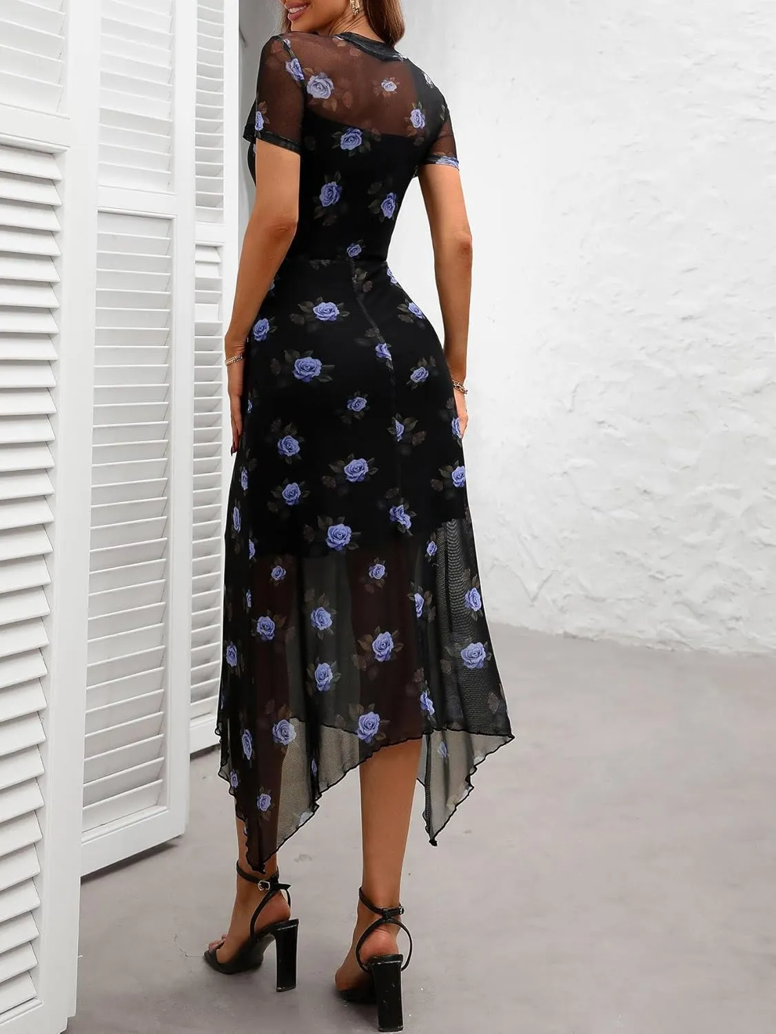 GothDark Women's 2025 Summer Floral Print Vintage Goth Dress Mesh Spliced Double-Layered Irregular Hemline Midi Dress