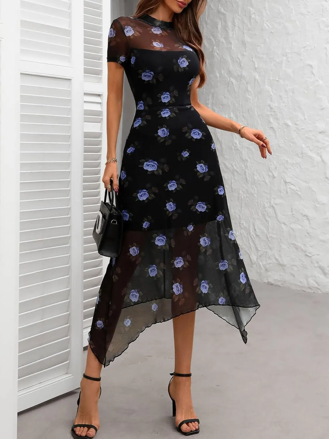 GothDark Women's 2025 Summer Floral Print Vintage Goth Dress Mesh Spliced Double-Layered Irregular Hemline Midi Dress