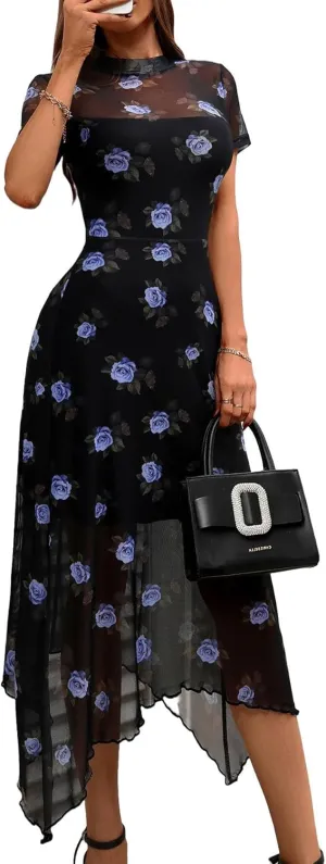 GothDark Women's 2025 Summer Floral Print Vintage Goth Dress Mesh Spliced Double-Layered Irregular Hemline Midi Dress