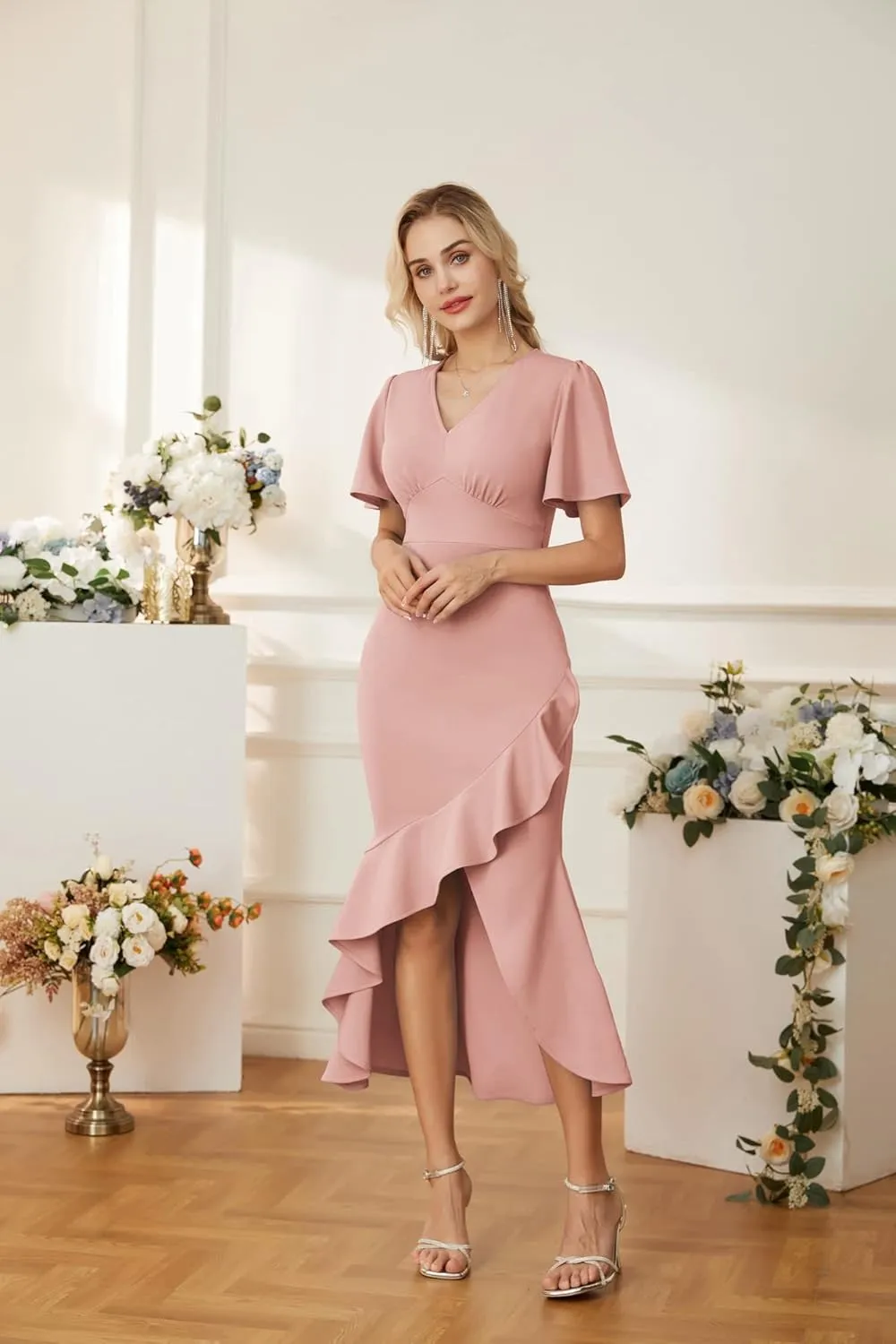GRACE KARIN 2024 Elegant Ruffle Mermaid Formal Wedding Guest Dress Short Sleeve V-Neck Cocktail Dress for Women Evening Party