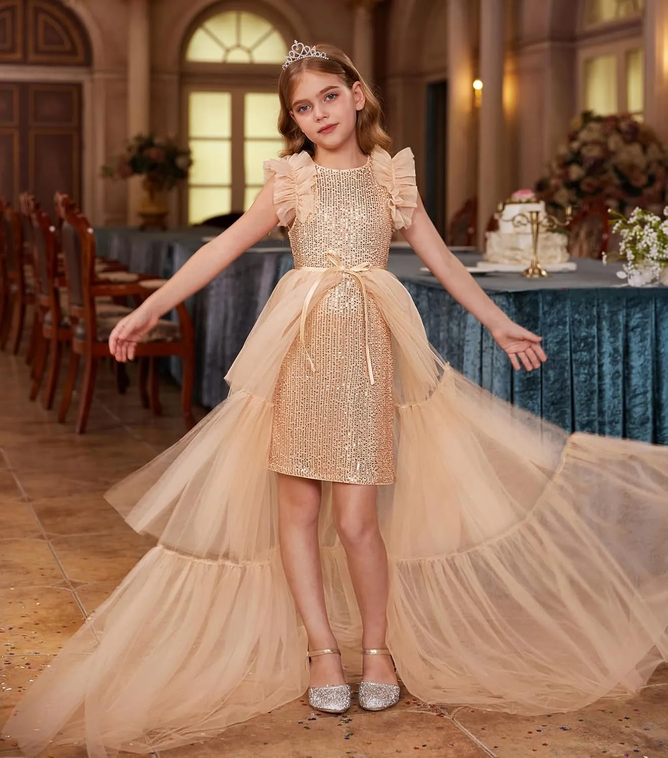 GRACE KARIN Girls Sequin Dress Formal Pageant Sparkle Party Ruffle Prom Maxi Dress Size 5-14Y