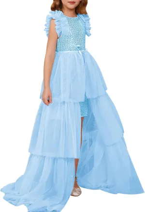 GRACE KARIN Girls Sequin Dress Formal Pageant Sparkle Party Ruffle Prom Maxi Dress Size 5-14Y