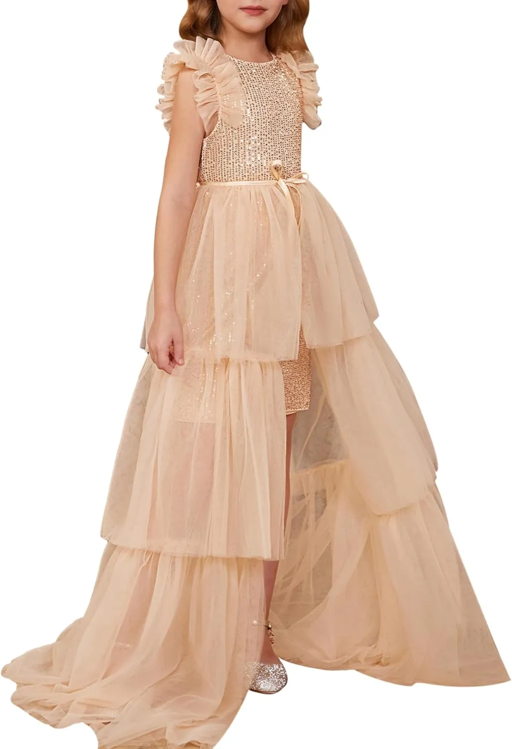 GRACE KARIN Girls Sequin Dress Formal Pageant Sparkle Party Ruffle Prom Maxi Dress Size 5-14Y