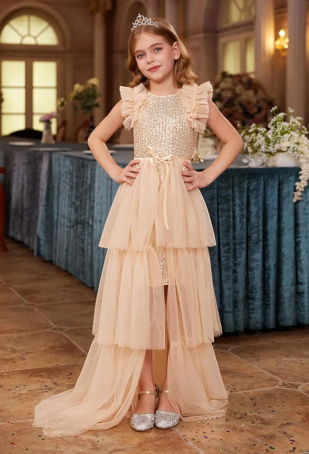 GRACE KARIN Girls Sequin Dress Formal Pageant Sparkle Party Ruffle Prom Maxi Dress Size 5-14Y