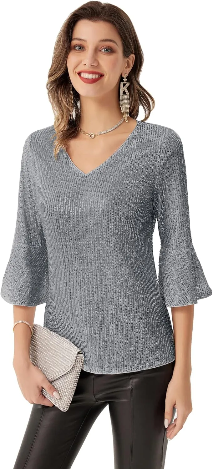 GRACE KARIN Sequin Tops for Women 3/4 Bell Sleeve V-Neck Cut-Out Shiny Metallic Sparkly Glitter Party Tops Blouse