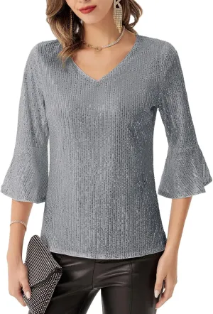 GRACE KARIN Sequin Tops for Women 3/4 Bell Sleeve V-Neck Cut-Out Shiny Metallic Sparkly Glitter Party Tops Blouse