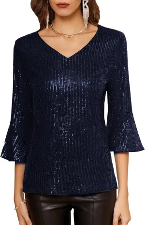 GRACE KARIN Sequin Tops for Women 3/4 Bell Sleeve V-Neck Cut-Out Shiny Metallic Sparkly Glitter Party Tops Blouse