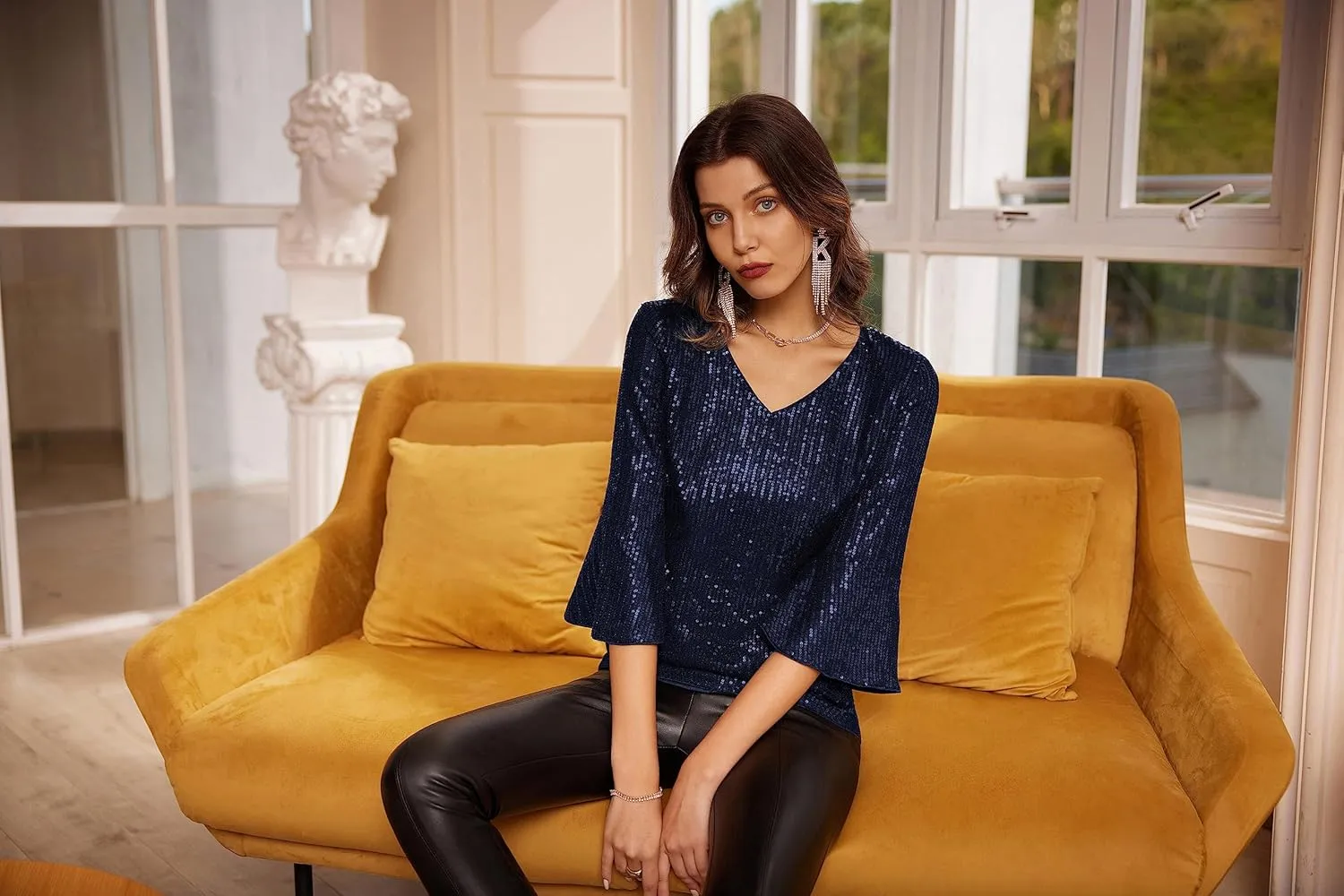 GRACE KARIN Sequin Tops for Women 3/4 Bell Sleeve V-Neck Cut-Out Shiny Metallic Sparkly Glitter Party Tops Blouse