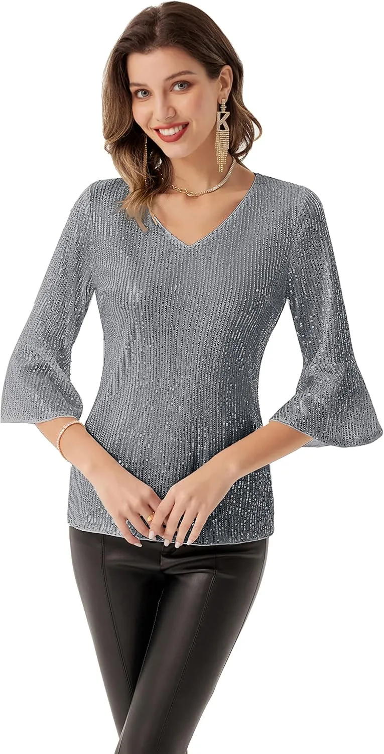 GRACE KARIN Sequin Tops for Women 3/4 Bell Sleeve V-Neck Cut-Out Shiny Metallic Sparkly Glitter Party Tops Blouse