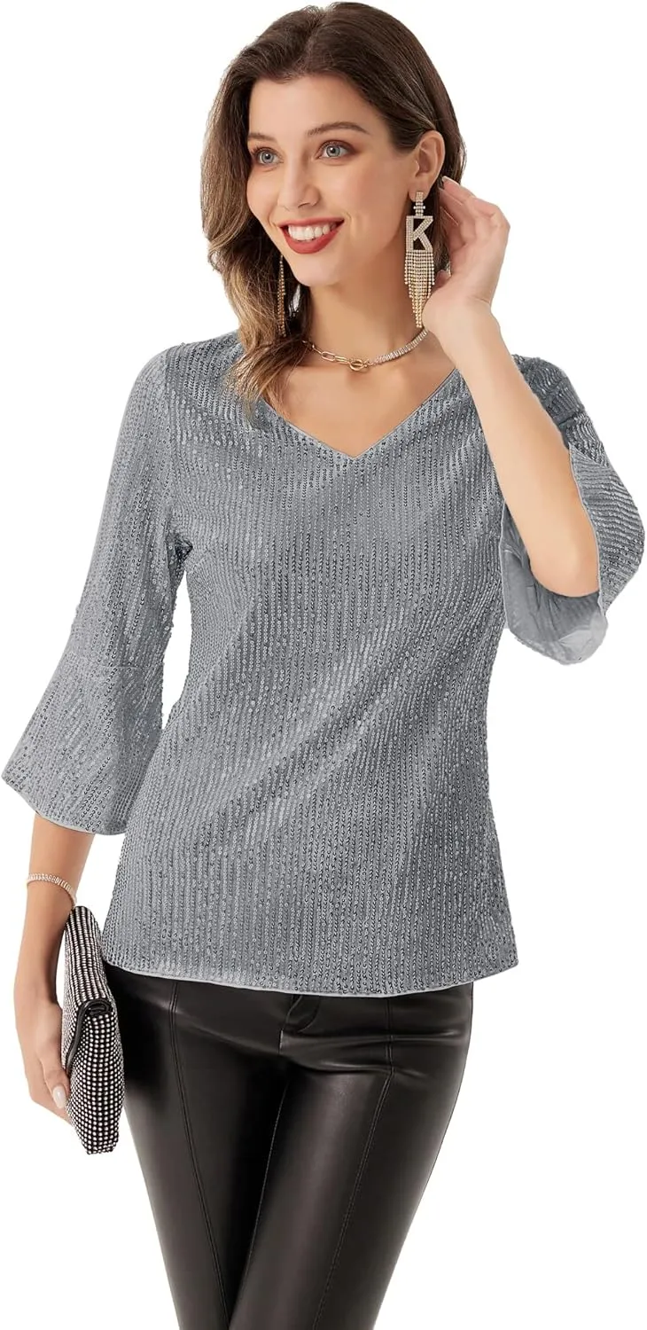 GRACE KARIN Sequin Tops for Women 3/4 Bell Sleeve V-Neck Cut-Out Shiny Metallic Sparkly Glitter Party Tops Blouse