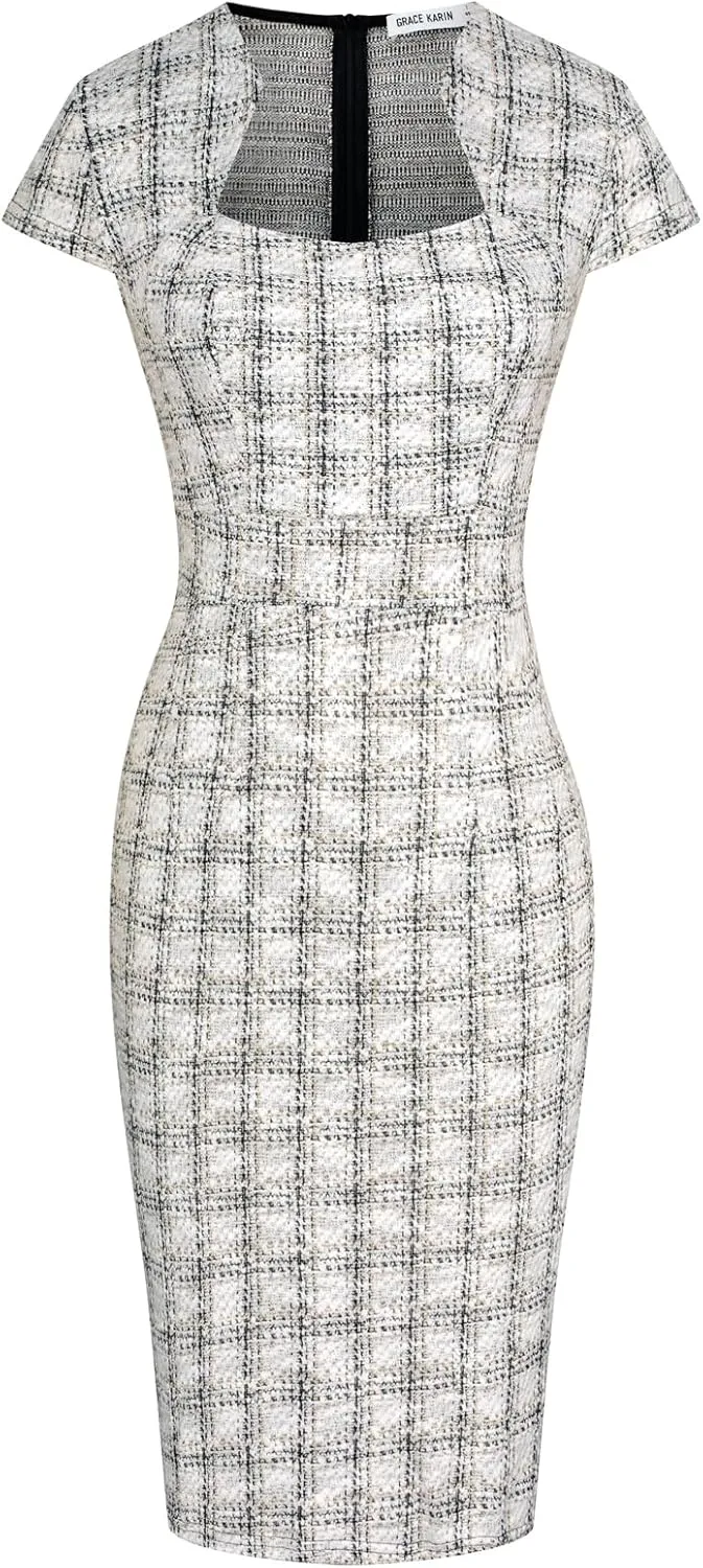 GRACE KARIN Women's Gorgeous Pencil Dress Cap Sleeve Tweed Pencil Dress for Work