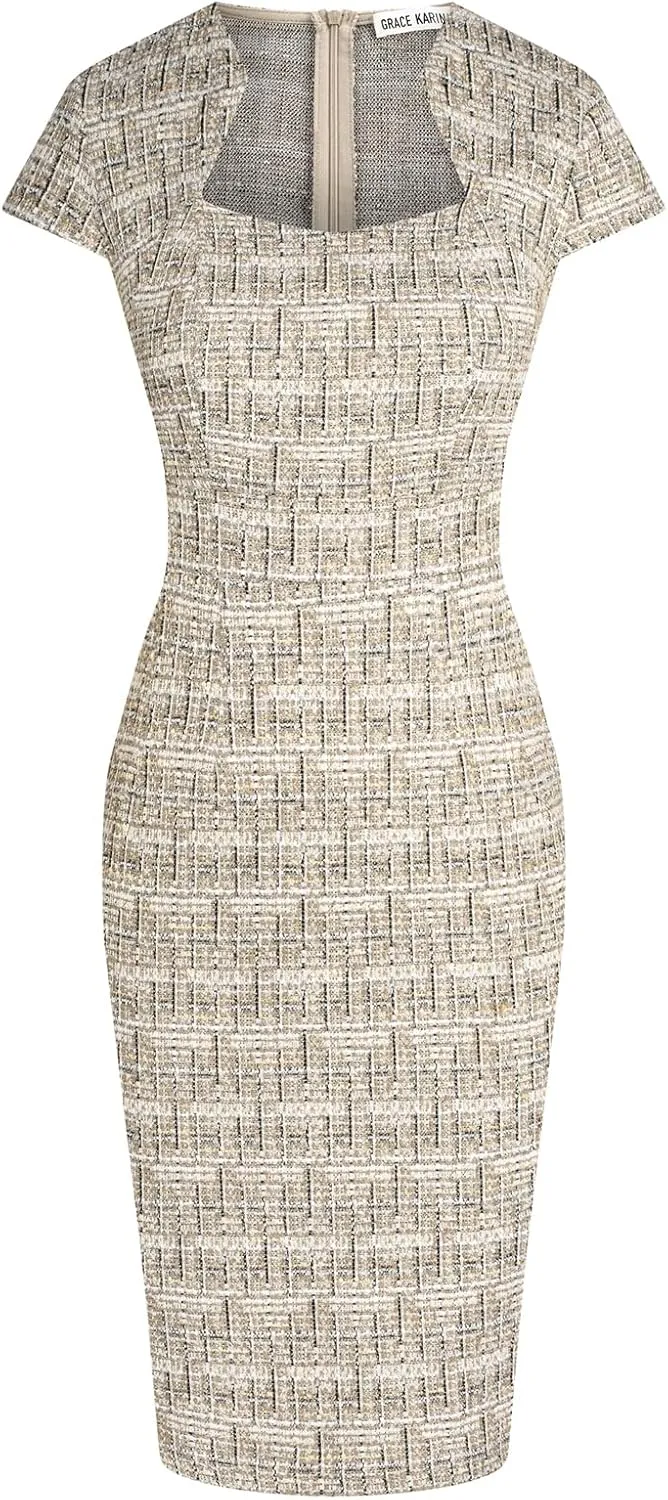 GRACE KARIN Women's Gorgeous Pencil Dress Cap Sleeve Tweed Pencil Dress for Work