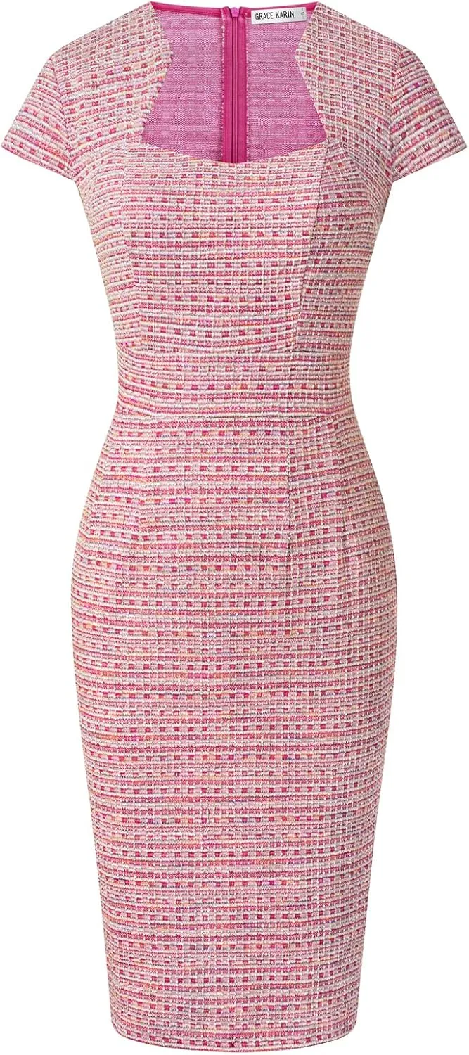 GRACE KARIN Women's Gorgeous Pencil Dress Cap Sleeve Tweed Pencil Dress for Work