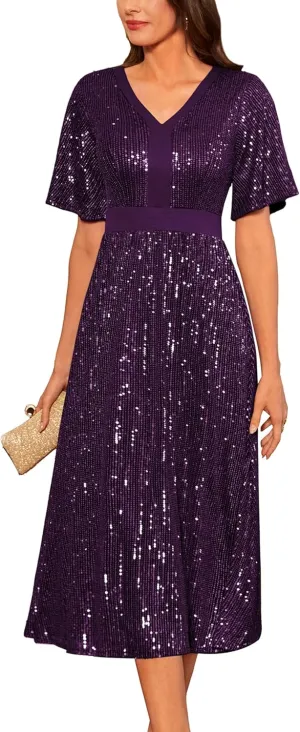 GRACE KARIN Women's Sequin V Neck Ruffle Sleeve Empire Waist Sparkly Glitter A Line Cocktail Formal Dresses